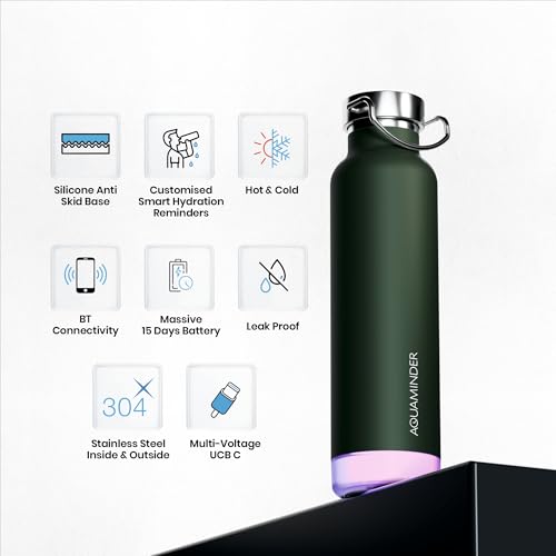 Aquaminder Smart Water Bottle | RGB LED Glow & Timer Hydration Reminder with BT Mobile Phone Connection, Thames with App 600 ML (Olive Green) - Image 3