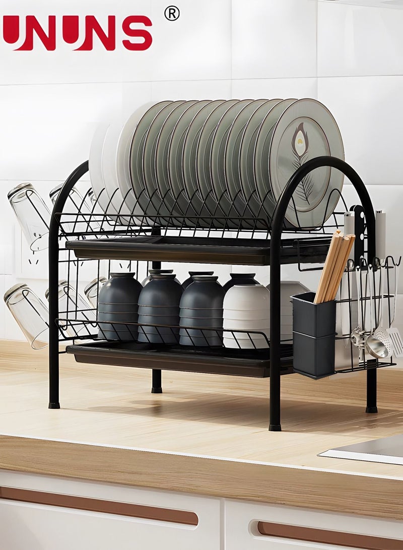 UNUNS Large Dish Drying Rack, 2 Tier Dish Rack with Tray Utensil Holder & Cup Holders, Large Capacity Rustproof Dish Drainer, Drain Board Tray for Kitchen Counter Organizer Storage for Kitchen Counter  - Image 1