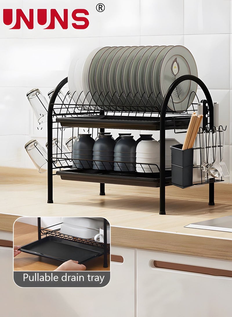 UNUNS Large Dish Drying Rack, 2 Tier Dish Rack with Tray Utensil Holder & Cup Holders, Large Capacity Rustproof Dish Drainer, Drain Board Tray for Kitchen Counter Organizer Storage for Kitchen Counter  - Image 2