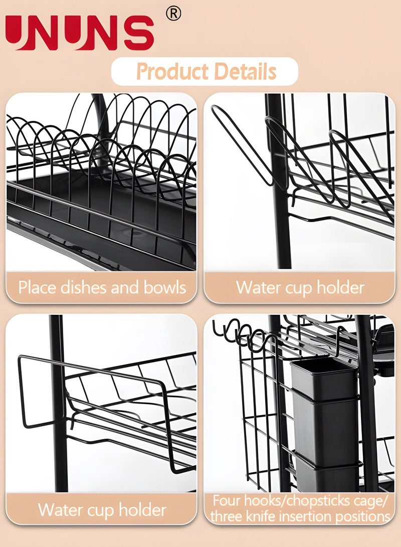 UNUNS Large Dish Drying Rack, 2 Tier Dish Rack with Tray Utensil Holder & Cup Holders, Large Capacity Rustproof Dish Drainer, Drain Board Tray for Kitchen Counter Organizer Storage for Kitchen Counter  - Image 3