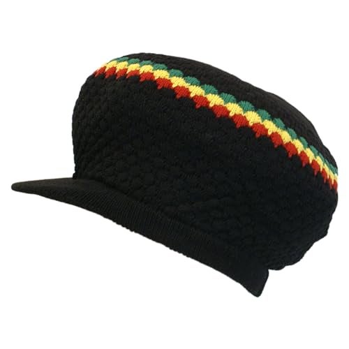 Shoe String King Rasta Knit Tam Hat Dreadlock Cap (Large Round Blk/Red/YEL/Grn w/Brim) - Image 1