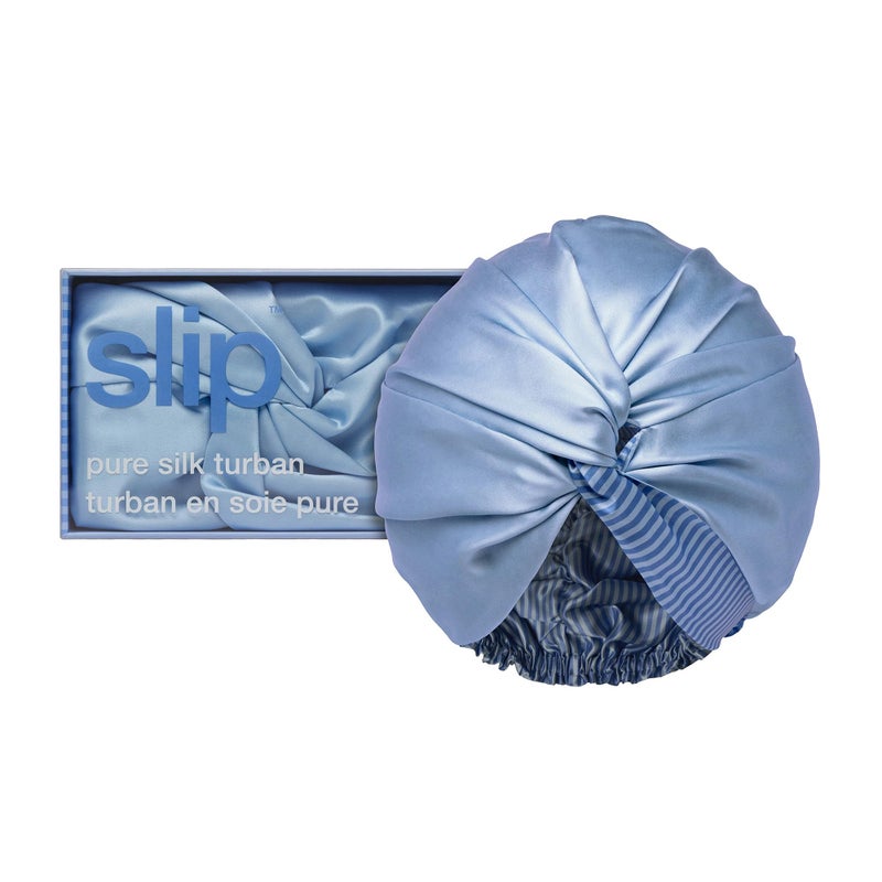 SLIP Pure Silk Turban - Cornflower with Stripe Lining | 100% Mulberry Silk, Ultra Soft & Gentle on Hair, Prevents Breakage & Frizz | Adjustable Fit, Luxurious Comfort - Image 1