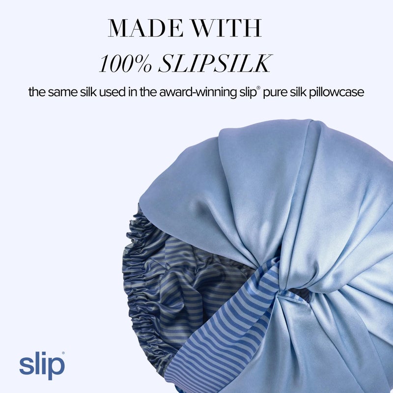 SLIP Pure Silk Turban - Cornflower with Stripe Lining | 100% Mulberry Silk, Ultra Soft & Gentle on Hair, Prevents Breakage & Frizz | Adjustable Fit, Luxurious Comfort - Image 2