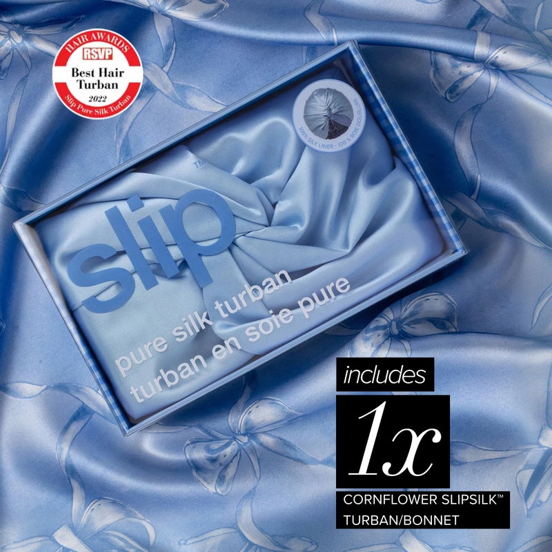 SLIP Pure Silk Turban - Cornflower with Stripe Lining | 100% Mulberry Silk, Ultra Soft & Gentle on Hair, Prevents Breakage & Frizz | Adjustable Fit, Luxurious Comfort - Image 3