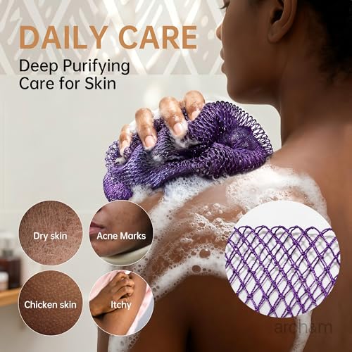 ARCH&M African Net Sponge Afro Scrub - Authentic African Wash Cloths Exfoliating Body Sponges for Showering Back Scrubber Exfoliator Shower Loofah for Body Care Bath Accessories Off White + Sky Blue ARCHM - Image 3