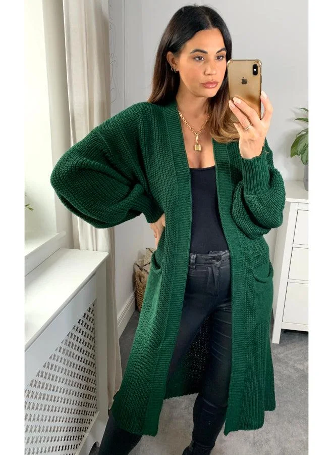 Hoxton Gal Green Oversized Knitted Midi Cardigan Long Sleeve, Button‑Front & Pocket Details