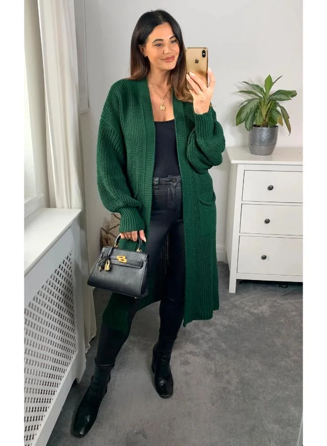 Hoxton Gal Green Oversized Knitted Midi Cardigan Long Sleeve, Button‑Front & Pocket Details