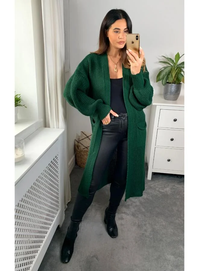 Hoxton Gal Green Oversized Knitted Midi Cardigan Long Sleeve, Button‑Front & Pocket Details