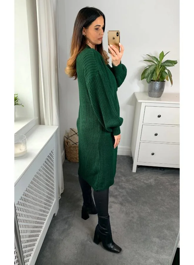 Hoxton Gal Green Oversized Knitted Midi Cardigan Long Sleeve, Button‑Front & Pocket Details