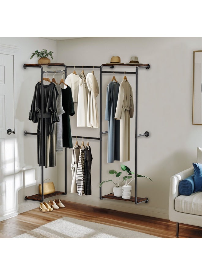 LUVODI Heavy-Duty Industrial Pipe Clothes Rack, Wall-Mounted Garment Organizer with Shelves, L-Shaped or Straight, Metal Closet Storage for Bedroom, Entryway, Laundry Room – Black - Image 2