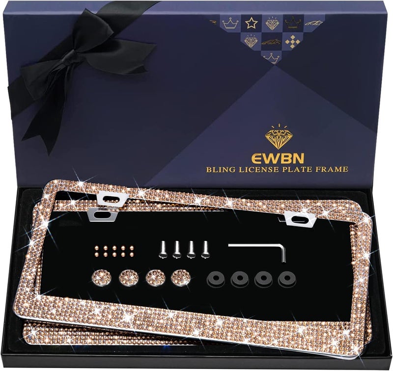 EWBN Bling Rhinestone License Plate Frame for Women 2PC，Diamond Sparkly License Plate Frames| Stainless Steel Frames & Over 1200 pcs Finest 14 Facets Glass Crystals Premium Diamond+GiftBox(Champagne) - Image 1