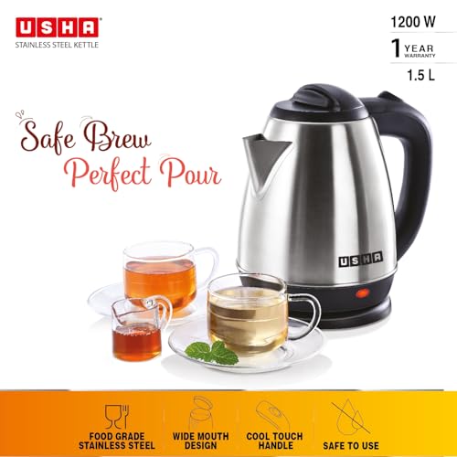 Usha Electric Kettle 1200 Watts | 1.5 Litres| Cool touch handle | Wider Mouth | Food-grade stainless steel | Safety with auto cut-off function (Silver & Black) - Image 2