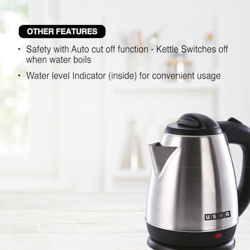 Usha Electric Kettle 1200 Watts | 1.5 Litres| Cool touch handle | Wider Mouth | Food-grade stainless steel | Safety with auto cut-off function (Silver & Black) - Image 3