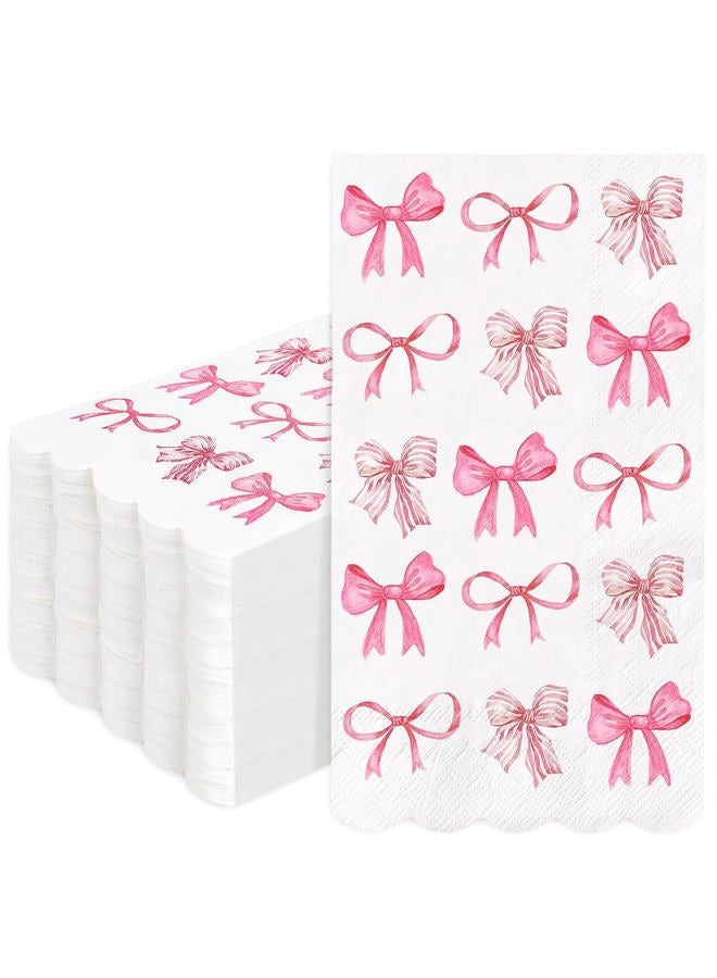 JarThenaAMCS 100Pcs Pink Bow Guest Napkins Watercolor Coquette Bow Disposable Paper Napkins Scalloped Edge Dinner Hand Napkin for Wedding Birthday Party Supplies - Image 1