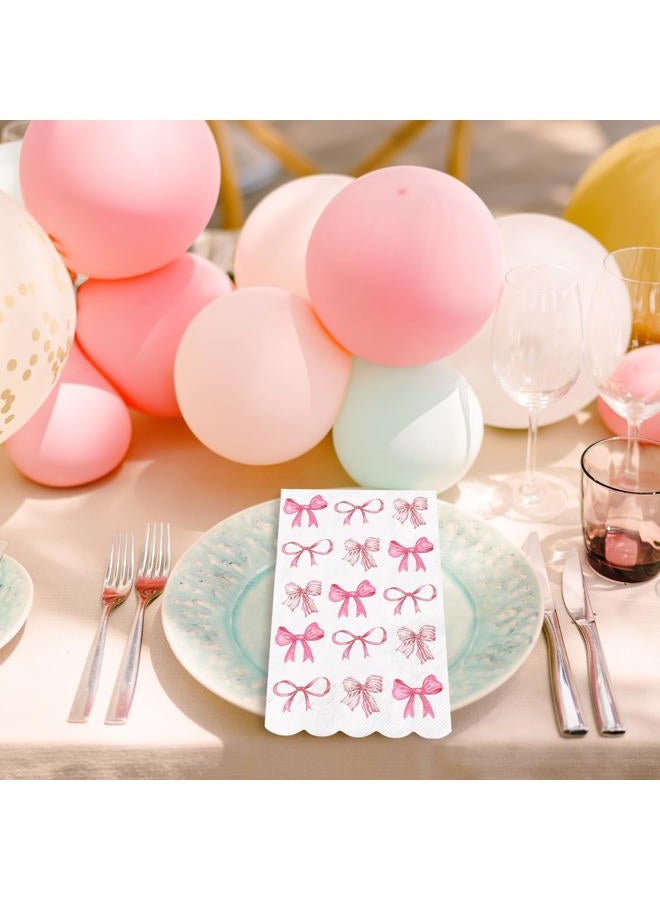 JarThenaAMCS 100Pcs Pink Bow Guest Napkins Watercolor Coquette Bow Disposable Paper Napkins Scalloped Edge Dinner Hand Napkin for Wedding Birthday Party Supplies - Image 4