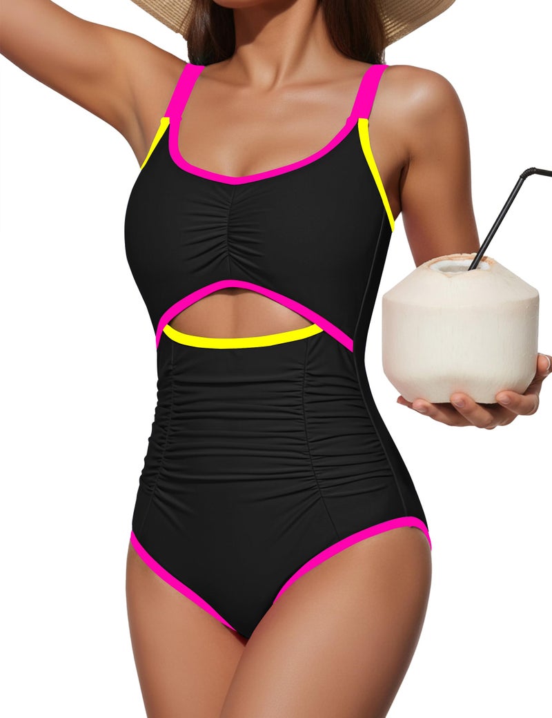 BMJL Women's One Piece Swimsuit Tummy Control Bathing Suit Slimming Color Block Cute Swim Suits Ruched Swimwear 2026 (Medium, Black) - Image 1