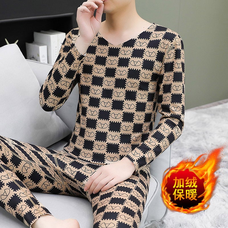 Men'S Velvet Thermal Underwear Thickened Suit Winter Cold Autumn Clothes Autumn Trousers Youth V-Neck Base Shirt For Outer Wear - Image 1