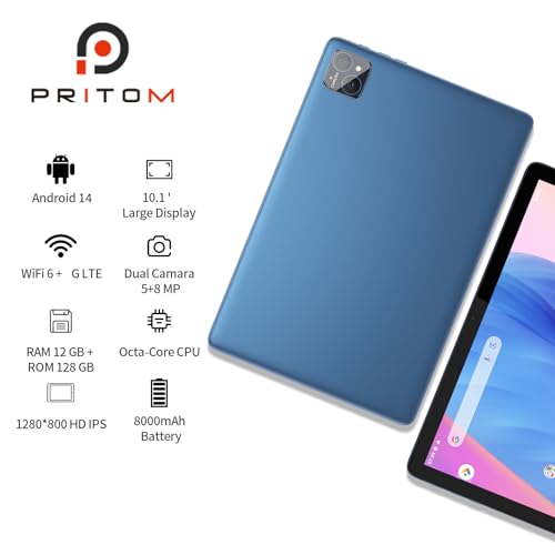 PRITOM TAB12 10 Inch Phone Tablets Android 14, 5Ghz WiFi, Octa-Core, Tablet with Case, 128GB, 4G Network Tablet with SIM Card Slot, 8000mAh, HD, BT, Double Box Speakers - Image 2
