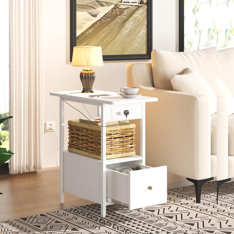 LIDYUK End Table with Charging Station, Narrow Side Table with Drawer and USB Ports & Power Outlets, Nightstand Bedside Tables for Small Spaces, Bedroom, Living Room, White - Image 4