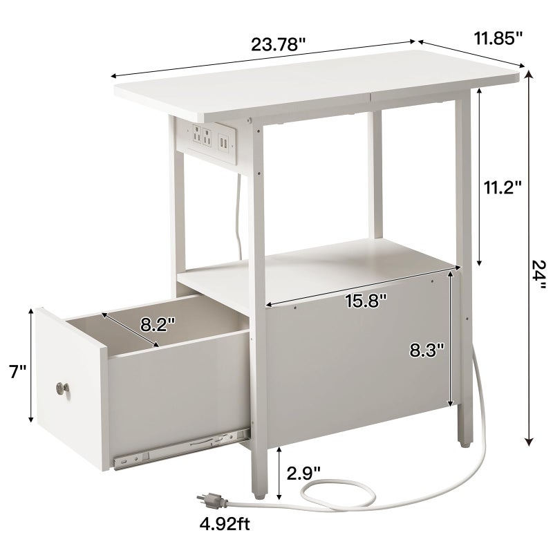 LIDYUK End Table with Charging Station, Narrow Side Table with Drawer and USB Ports & Power Outlets, Nightstand Bedside Tables for Small Spaces, Bedroom, Living Room, White - Image 3