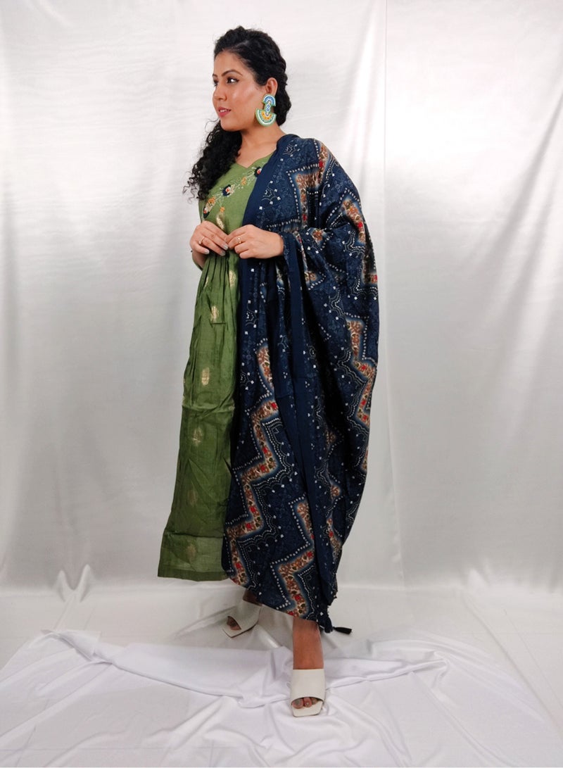 PRIYA’S PANACHE PRIYA'S PANACHE Stunning Muslin Green Flared Kurta With Printed Dupatta - Designer Festival Traditional Ethnic Indian Partywear For Women - Image 1
