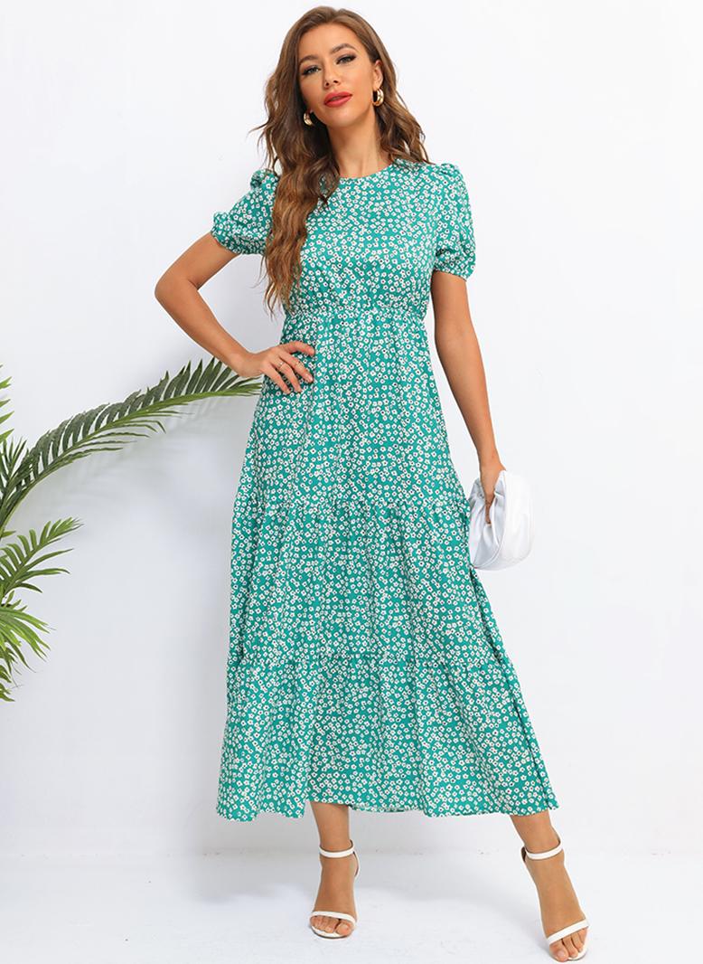 فرايديين نسائي لطيف دائري زهري منتظم فساتين طويلة اخضر - Image 3