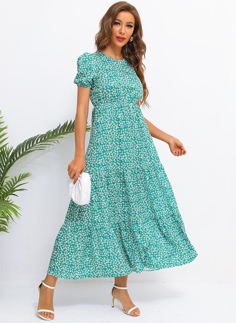 فرايديين نسائي لطيف دائري زهري منتظم فساتين طويلة اخضر - Image 1