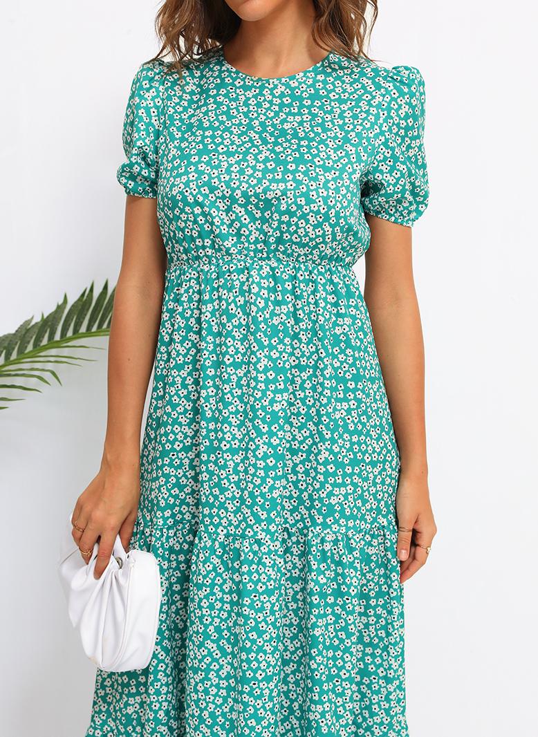 فرايديين نسائي لطيف دائري زهري منتظم فساتين طويلة اخضر - Image 4