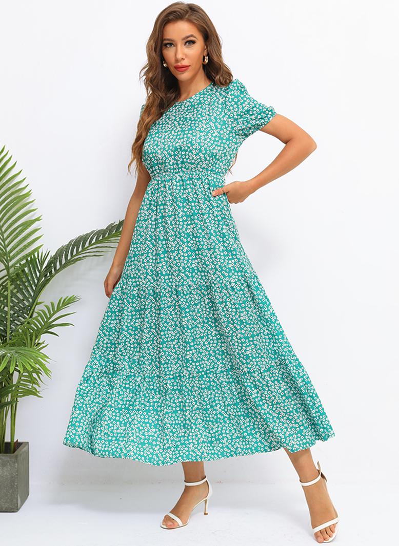 فرايديين نسائي لطيف دائري زهري منتظم فساتين طويلة اخضر - Image 2