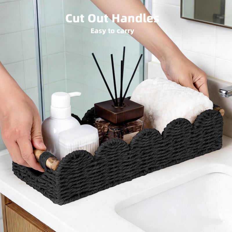 CubesLand Bathroom Basket Organizer w/Cut Out Handle, Back of Toilet Paper Storage Baskets Tray for Bathroom Countertop Decorative, Scalloped Wicker Basket Also for Home Decor, Living Room, Black - Image 5