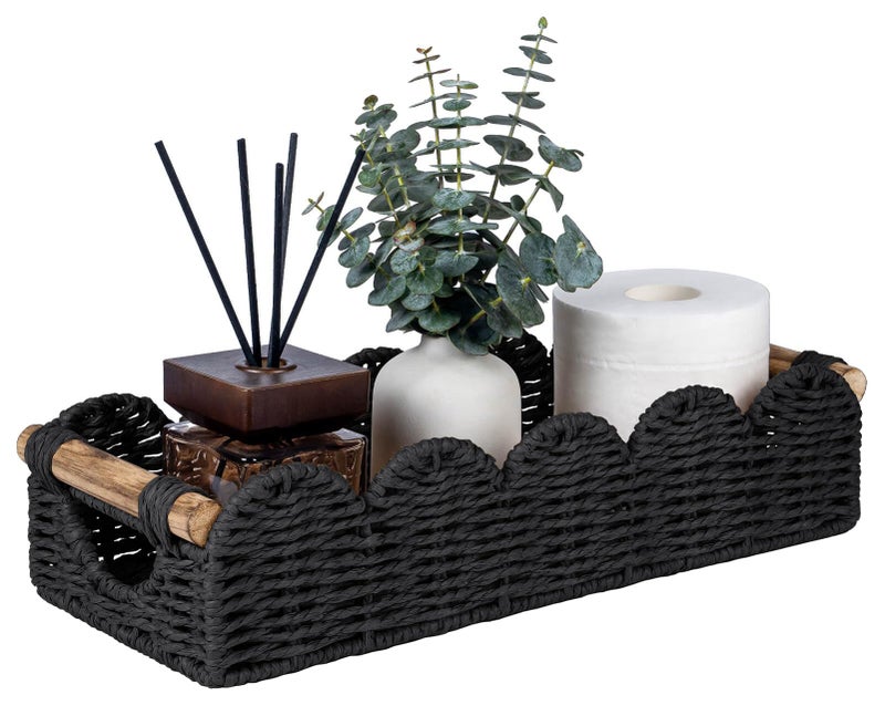 CubesLand Bathroom Basket Organizer w/Cut Out Handle, Back of Toilet Paper Storage Baskets Tray for Bathroom Countertop Decorative, Scalloped Wicker Basket Also for Home Decor, Living Room, Black - Image 1