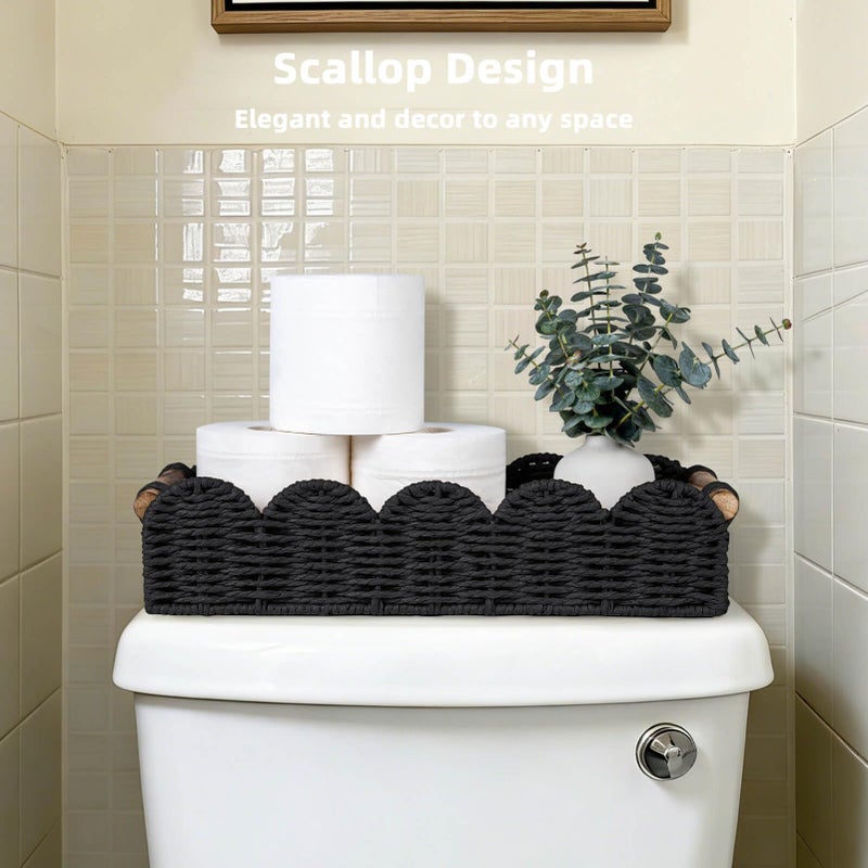 CubesLand Bathroom Basket Organizer w/Cut Out Handle, Back of Toilet Paper Storage Baskets Tray for Bathroom Countertop Decorative, Scalloped Wicker Basket Also for Home Decor, Living Room, Black - Image 2