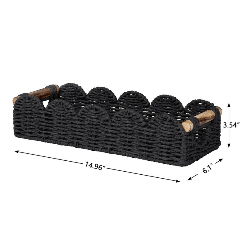 CubesLand Bathroom Basket Organizer w/Cut Out Handle, Back of Toilet Paper Storage Baskets Tray for Bathroom Countertop Decorative, Scalloped Wicker Basket Also for Home Decor, Living Room, Black - Image 3