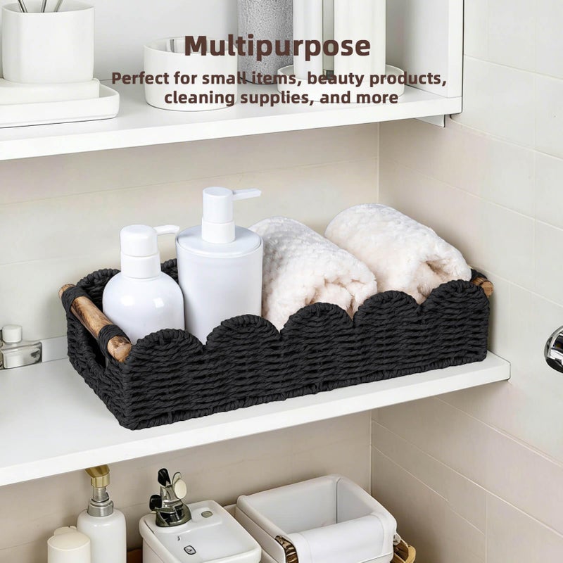 CubesLand Bathroom Basket Organizer w/Cut Out Handle, Back of Toilet Paper Storage Baskets Tray for Bathroom Countertop Decorative, Scalloped Wicker Basket Also for Home Decor, Living Room, Black - Image 4
