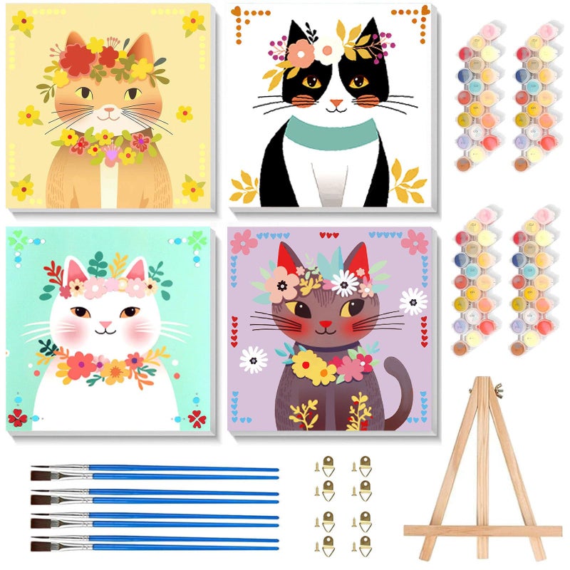 xackcme 4 Pack Cat Paint by Number for Kids with Wooden Frame, Paint by Numbers for Kids Cats Ages 4-8-12, Easy Cat DIY Acrylic Oil Painting Kits for Home Wall Decor (8X8 inch) - Image 1