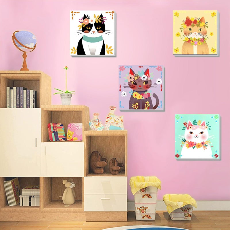 xackcme 4 Pack Cat Paint by Number for Kids with Wooden Frame, Paint by Numbers for Kids Cats Ages 4-8-12, Easy Cat DIY Acrylic Oil Painting Kits for Home Wall Decor (8X8 inch) - Image 5