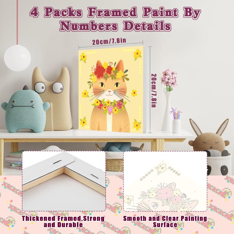 xackcme 4 Pack Cat Paint by Number for Kids with Wooden Frame, Paint by Numbers for Kids Cats Ages 4-8-12, Easy Cat DIY Acrylic Oil Painting Kits for Home Wall Decor (8X8 inch) - Image 2