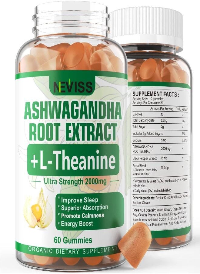 NEVISS - NEVISS Ashwagandha Gummies 2000mg, Feel Refreshed, Plus Proprietary Blend with 5-HTP, L-Theanine, Lemon Balm, Magnesium for Calm, Zzzs, Mood, Energy & Relaxation Support (1 Pack (60 Countss)) - Image 1