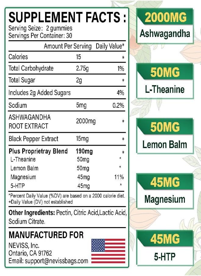 NEVISS - NEVISS Ashwagandha Gummies 2000mg, Feel Refreshed, Plus Proprietary Blend with 5-HTP, L-Theanine, Lemon Balm, Magnesium for Calm, Zzzs, Mood, Energy & Relaxation Support (1 Pack (60 Countss)) - Image 1