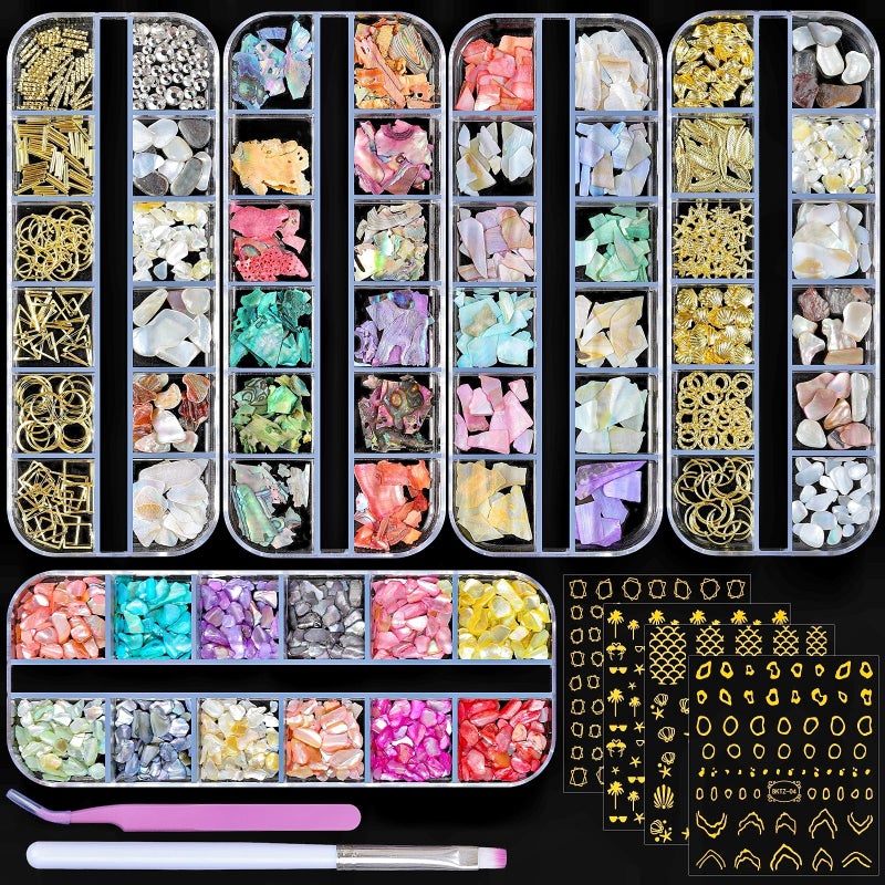 editTime 5 Boxes 3D Nail Art Crushed Sea Shell Irregular Iridescent Natural Abalone Seashell Slices Starfish Metal Sea Star Conch Moon Triangle Rivet Gemssea shell kit
