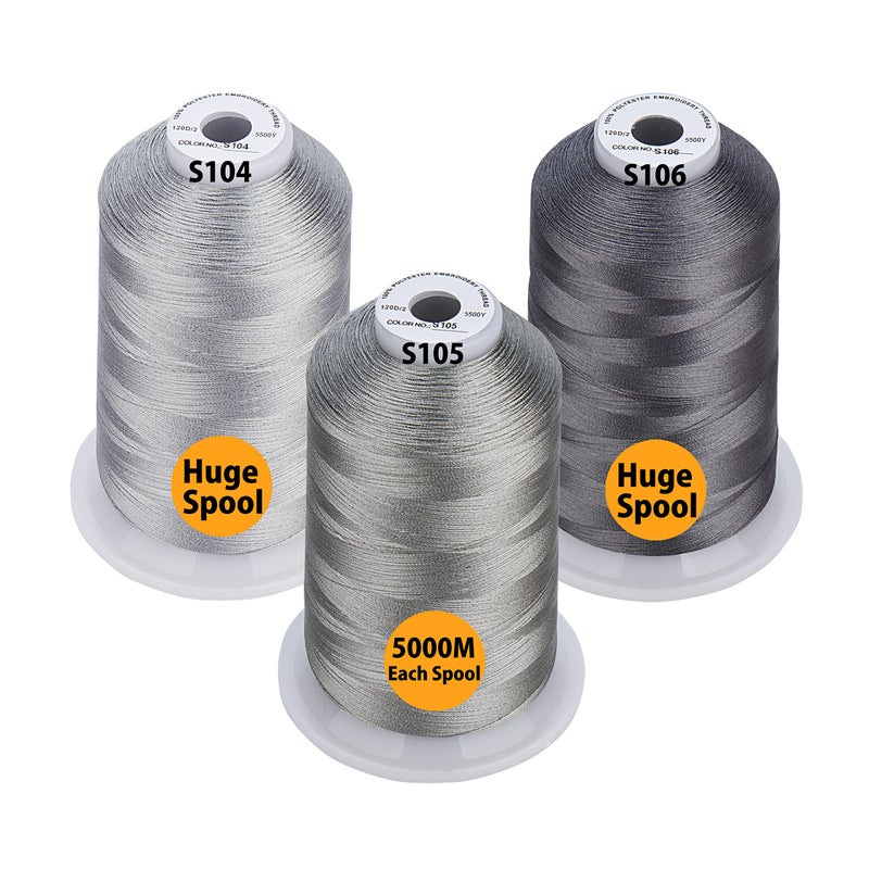 Simthread  33 Selections  Various Assorted Color Packs of Polyester Embroidery Machine Thread Huge Spool 5500Y for All Sewing Embroidery Machines  3 Different Gray Colors