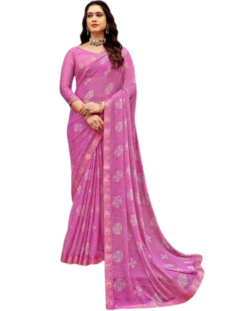 Shiv Textiles Women's Chiffon Floral Printed & Lace Saree(SAT-537S-PINK1) - Image 5