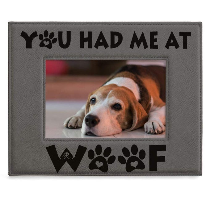 YOU HAD ME AT WOOF ENGRAVED LEATHER PICTURE FRAME DOG LOVER GIFTS 5X7HORIZONTAL