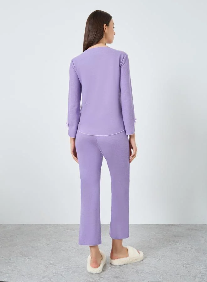 Take Two Purple Take Two Bow Detail V Neck Knit T-Shirt and Pyjama Set for Women | Best Price UAE