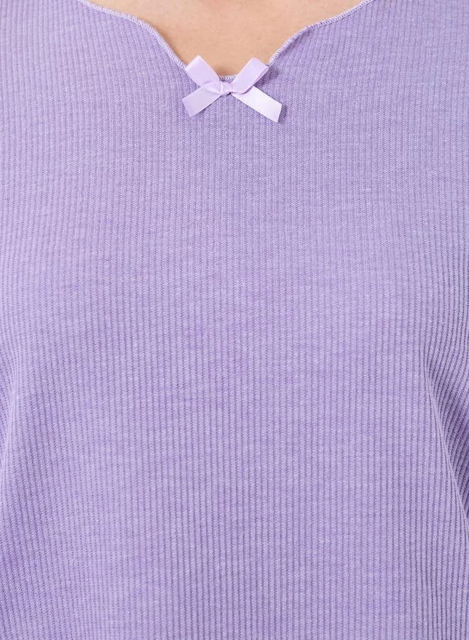 Take Two Purple Take Two Bow Detail V Neck Knit T-Shirt and Pyjama Set for Women | Best Price UAE