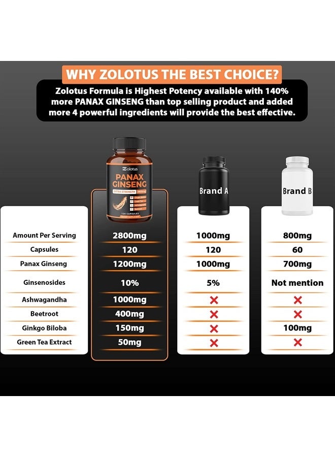Zolotus Korean Red Panax Ginseng + Ginkgo Biloba - 2800mg Extra Strength with Ashwagandha, Beetroot, Green Tea - Support Strength, Stamina, Energy Production & Mood Balance - 120 Capsules - Image 3