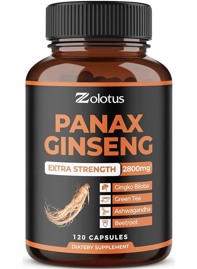 Zolotus Korean Red Panax Ginseng + Ginkgo Biloba - 2800mg Extra Strength with Ashwagandha, Beetroot, Green Tea - Support Strength, Stamina, Energy Production & Mood Balance - 120 Capsules - Image 1