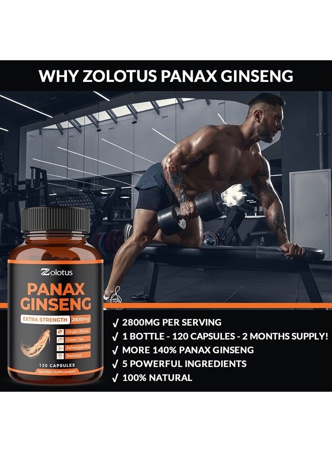 Zolotus Korean Red Panax Ginseng + Ginkgo Biloba - 2800mg Extra Strength with Ashwagandha, Beetroot, Green Tea - Support Strength, Stamina, Energy Production & Mood Balance - 120 Capsules - Image 5