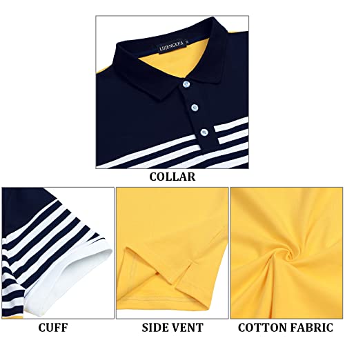 LUJENGEFA Mens Polo Shirts Short Sleeve Striped Casual Slim Fit Golf Polo Contrast Color Summer Cotton T-Shirts Yellow and Navy Blue Small - Image 5