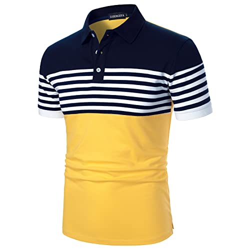 LUJENGEFA Mens Polo Shirts Short Sleeve Striped Casual Slim Fit Golf Polo Contrast Color Summer Cotton T-Shirts Yellow and Navy Blue Small - Image 2